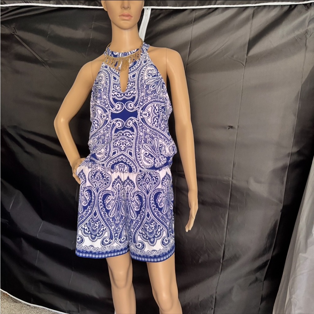 INC International Concepts Blue and White Halter with Side Pockets Jumpsuit